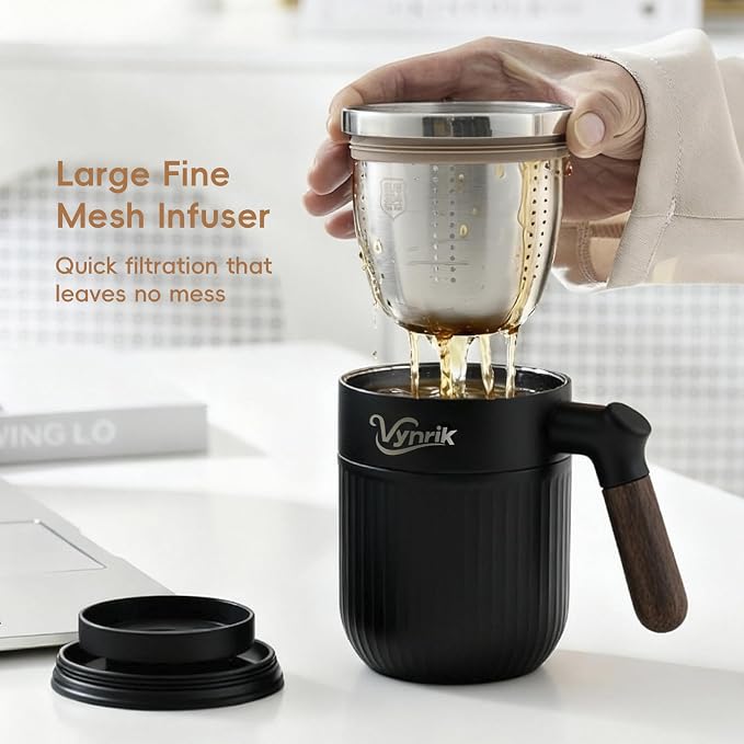 Tea Infuser Cup doubles as Insulated Coffee Mug,Tea Cup with Lid and Handles,Removable Stainless Steel Tea Strainers for Loose Tea (BLACK)
