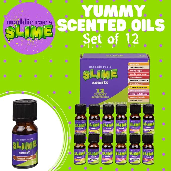 Maddie Rae's Slime Yummy Scented Oils (12 Pack) - X Large 10ml (.34 oz) Natural Food Fragrance Bottles for Diffusers, Aromatherapy, Essential Oil, DIY Candle & Soap Making, Crafts, Supplies, Gift