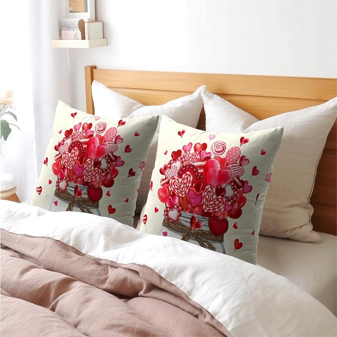 Kawani Valentine's Day Throw Pillow Covers 18x18 Inch Set of 2 Red Love Hearts Lollipops Mason Jar Romantic Pillowcase Cotton Linen Square Cushion Case for Wedding Anniversary Date Decor