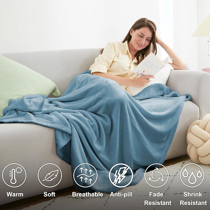 Hansleep Queen Washed Blue Fleece Blanket, Soft Flannel Bed Blanket | Fuzzy Cozy Blanket 90x90 Inches, Multi-use for Bed, Sofa, Couch, Travel, Camping, All Season Warm Lightweight Cover