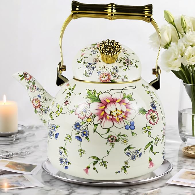 Vintage Enamel Tea Kettle Rose Floral Pattern Stovetop Teapot with Gold Handle, 2.5L Enamel Kettle Kitchen Decor, Ideal Gift for Housewarming Camping Coffee Pot