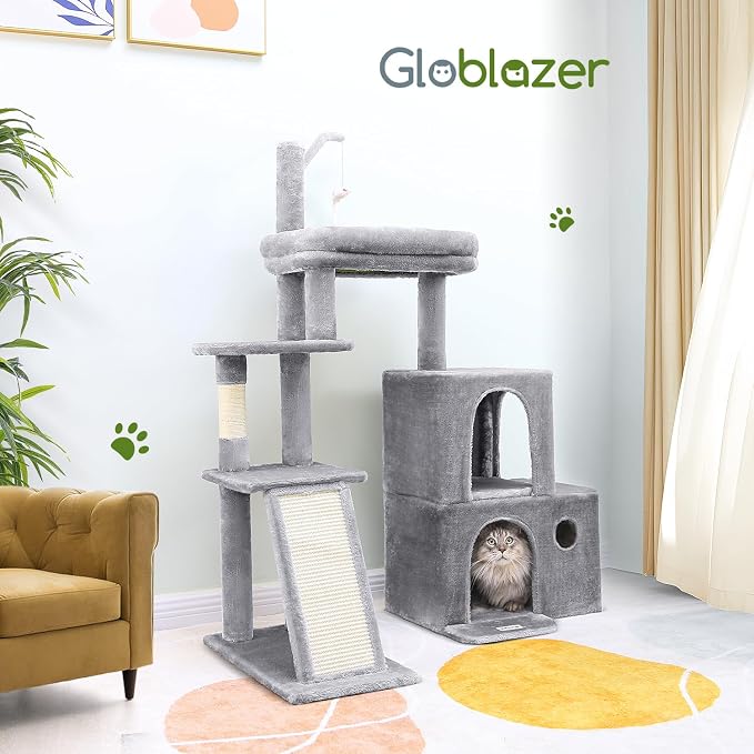 Globlazer Cat Tower for Indoor Adult Cats, 50-inch Heavy Duty Cat Tree House for Big Cats with Extra-Large Padded Platform, Sisal Scratching Board, 2 Large Condos, F50, Light Grey