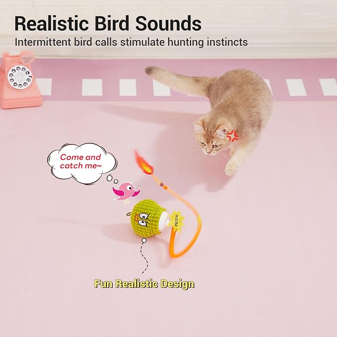 Potaroma Interactive Cat Toy with Motion Sensor, Chirping Sound & Catnip | Mesh Tail, Rechargeable Smart Rolling Ball for Bored Indoor Kittens & Adult Cats 3 Inches