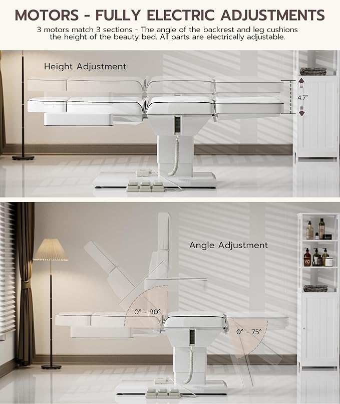 VARONXE Icoget Fully Electric Esthetician Bed, 3 Motors Massage Table Tattoo Facial Chair, 4-Section Adjustable Tteatment Table for Spa, Waxing, Microblading, Beauty, Includes Stool, White