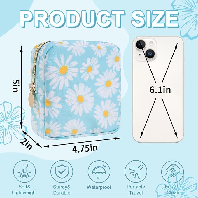 UIXIZQ Waterproof Mini Floral Makeup Bag Pouch for Purse,Nylon Flower Cosmetic Travel Bag Small Preppy Toiletry Organizers Bag for Women Girl,Cute Zipper Pouch Coin Purse for Work(Mini Blue-Daisy)