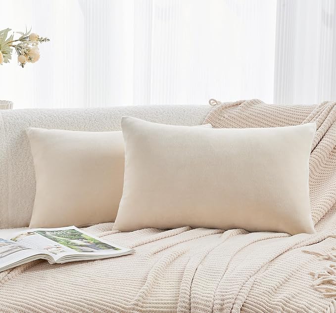 Throw Pillow Covers Neutral Beige Set of 2 12x20 Inch Pillow Covers, Soft Velvet Farmhouse Lumbar Decorative Pillowcases for Couch Sofa Bed, Home Boho Decor, Modern Cushion Covers