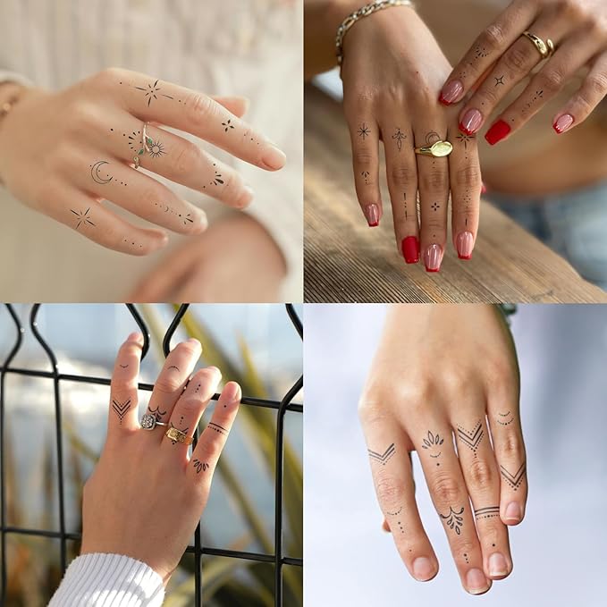 4 Sheets Minimalist Finger Ring Tattoos for Women – Tiny Sparkle, Moon & Star Designs, Elegant Line Art, Semi-Permanent Real-Looking Tattoos for Hands