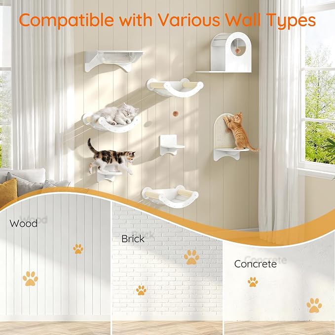 HOOBRO Wood Cat Wall Shelves for Large Cats, Wall-Mounted Cat Shelves and Perches, Cat wall Furniture Set with Cat House, Transparent Capsule Hammock, for Sleeping, Playing & Climbing, White WT48CS03