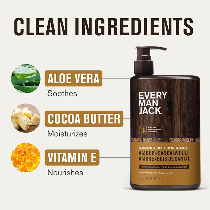 Every Man Jack Mens Amber + Sandalwood Hand & Body Lotion for All Skin Types - Dermatologist Tested & Hypoallergenic - Nourish Skin with Lightweight Fast Absorbing Lotion - 13.5oz 2 Bottles