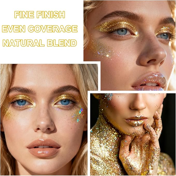 Roll-on Holographic Body Glitter Gel for Face and Hair, Chameleon Color Changing Glitter Gel Under Light, Chunky Mermaid Sequins Festival Party Rave Accessories Body Shimmer Makeup (Gold)