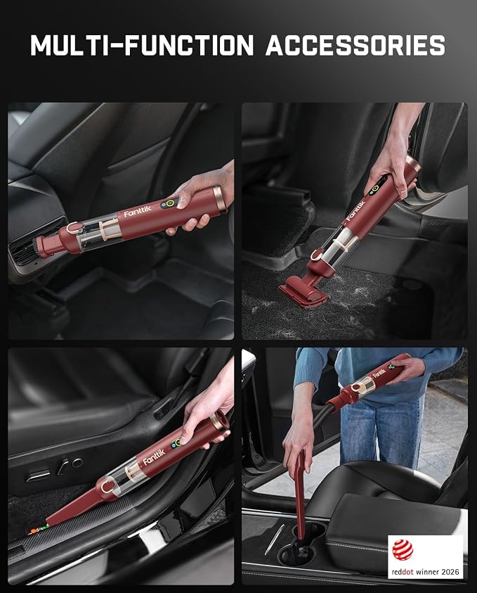 Fanttik Slim V10 APEX Cordless Car Vacuum, 4-in-1 Portable Mini Handheld Vac, Upgraded Smart Digital Display, 19kPa Suction Power, 2 Suction Modes for Small Jobs, Car, Office Desk, Keyboards (Red)