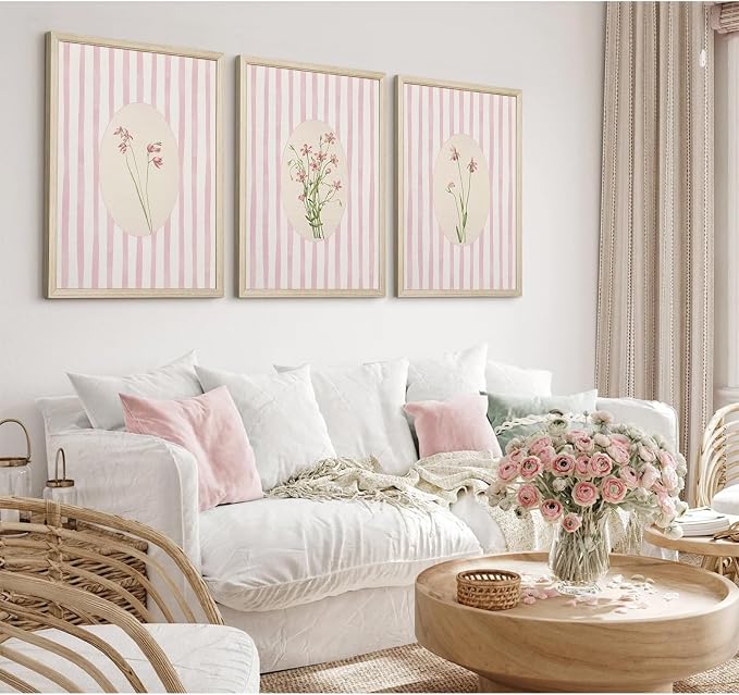 Pink Flower Wall Art Striped Floral Prints Botanical Canvas Wall Decor Aesthetic Pictures Pastel Pink Floral Poster Minimalist Flower Painting for Girl Room 16x24 Inch Framed Set of 3