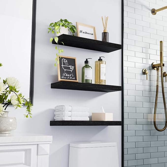BAYKA Floating Shelves for Wall, Wall Mounted Rustic Wood Shelves for Bathroom, Bedroom, Living Room, Kitchen, Hanging Shelf for Books/Storage/Room Decor with 22lbs Capacity (Black, Set of 3, 15.7in) | Easy Install, 22lbs Max Load, Hidden Bracket, Wall...