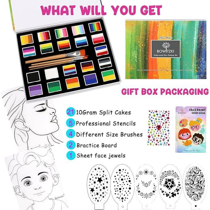 Bowitzki 21 Color Split Cake Face Paint Set Professional Face Painting Kit Kids Adults 10g One Stroke Stencil Brush Practice Board Guide Book Non Toxic Rainbow Body Makeup Halloween Christmas Easter