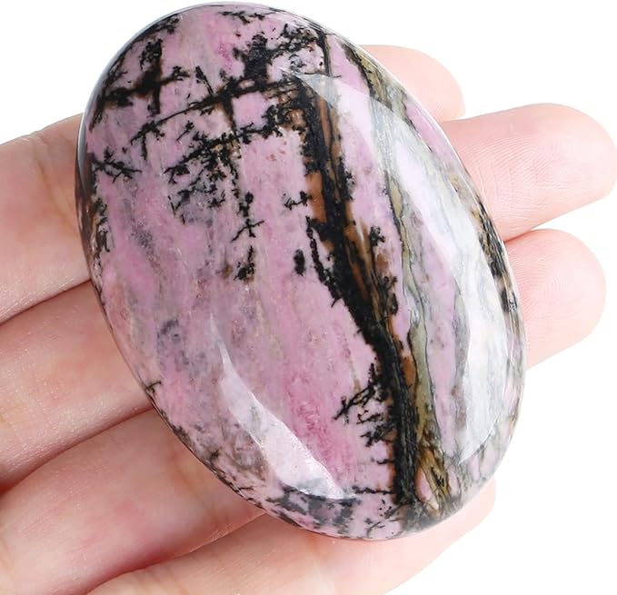 MAIBAOTA 2.4" Large Rhodonite Crystal Stone Polished Palm Stone Healing Crystals 0.7" Thick Natural Reiki Gemstone Worry Stone Energy Balancing Anxiety Stress Relief Meditation 1 Pc
