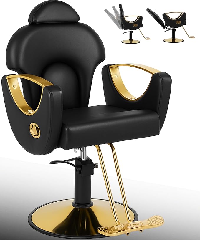 Black and Gold Reclining Salon Barber Chair for Hair Stylist, Hydraulic Pump Hair Salon Chair, 360° Swivel Styling Chair for Home or Barbershop