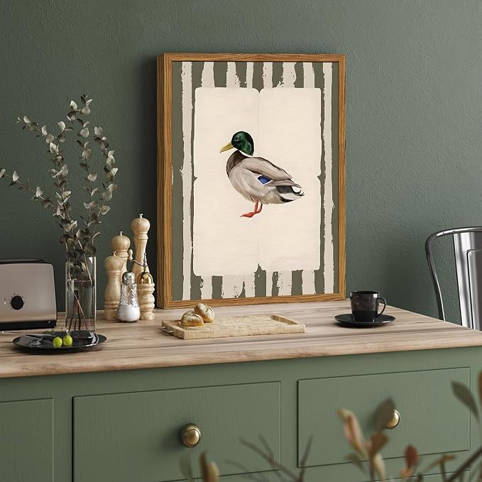 Framed Vintage Mallard Duck Wall Art, Country Farmhouse Duck Pictures Wall Decor, Rustic Wildlife Animal Paintings Canvas Prints Cottagecore Home Decor for Living Room Bedroom nursery 12x16 inch