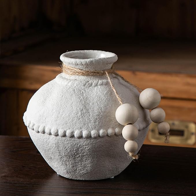Mowtanco Rustic Ceramic Vase with Boho Wooden Beads, Matte Decorative Pottery for Modern Farmhouse and Bohemian Decor, Floral Arrangements, Bedroom, Shelf, or Side Table Accents