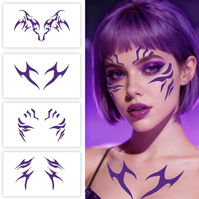 12 Sheets Cosplay Purple Temporary Tattoos，Dance Fake Tattoos Stickers for Cosplay, Halloween, Music Festival, Dance Party Makeup, Fantasy Creature Design, Fantasy Theme Costume Accessories