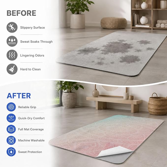 Yoga Mat Towel, Hot Yoga Non Slip with 4 Corner Pockets, 74 x 26 in | Soft Absorbent Microfiber With Four Corner Pockets, Fits Over Yoga Mats For Hot Yoga, Pilates, Gym, And Travel