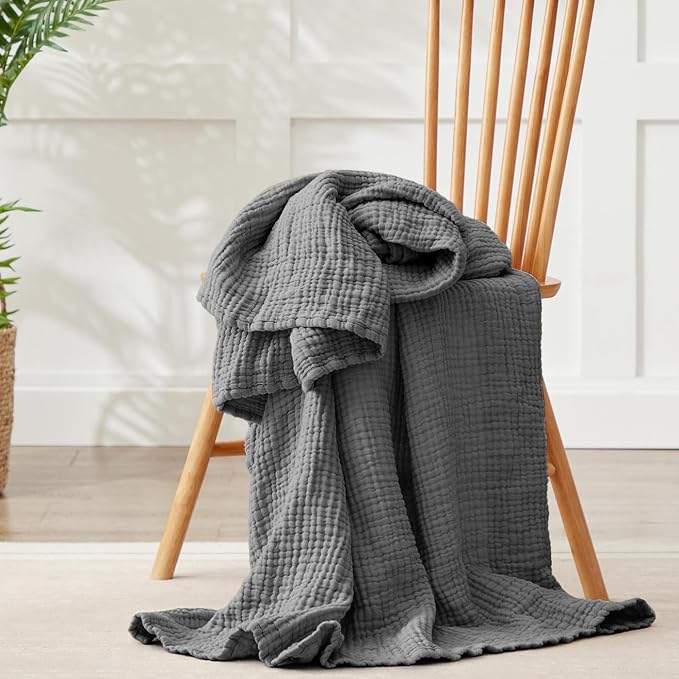 100% Cotton Muslin Blanket 50" x 60", Breathable and Lightweight Cotton Throw Blankets for Couch, Soft Cooling Summer Gauze Blanket for Adults All Season, Charcoal Grey