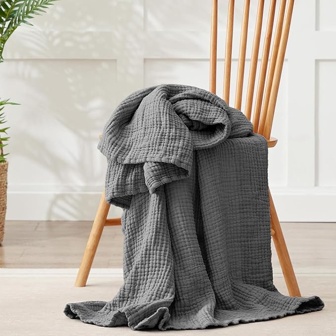 100% Cotton Muslin Blanket Twin 60" x 80", Breathable and Lightweight Cotton Twin Blankets for Couch, Soft Cooling Summer Gauze Blanket for Adults All Season, Dark Grey