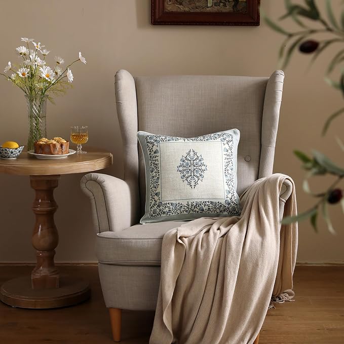 Designer Linen Throw Pillow Cover,Set of 2,18"x18"-Segerman A | Elegant Chinoiserie Square Pillow Cover,Concealed Zipper Design,Floral Pattern,Sofas,Bedroom,Living Room,Lounge Chairs