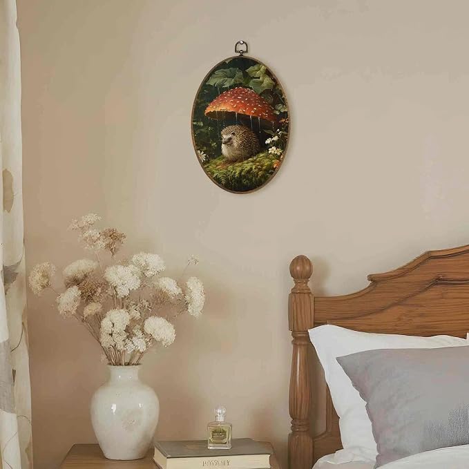LKETW Vintage Whimsical Hedgehog Oval Wall Art Decor, Dark Cottagecore Oval Canvas Hanging Decor, Moody Botanical Hedgehog Mushroom Wall Decorations for Home Bedroom Living Room, 8.6x11.4 Inch