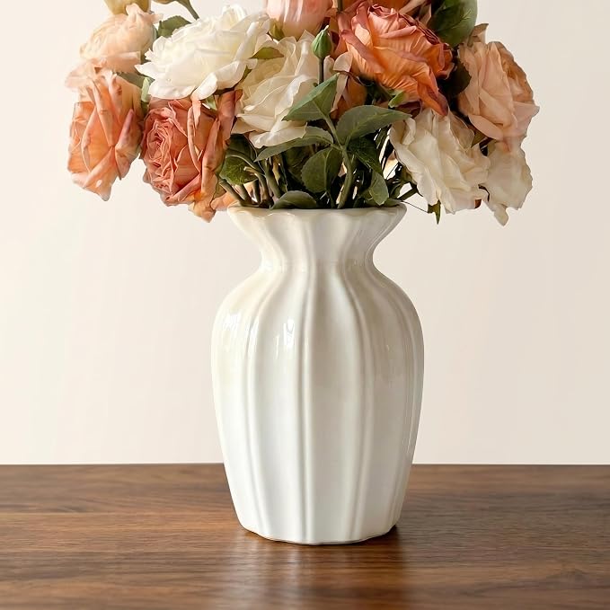 White Vase, 7.9 Inch Ceramic Vase for Flowers, Flower Vase for Centerpieces, Cute Vases for Home Decor, Farmhouse Ceramic Flower Vase for Living Room Shelf Table Cabinet Wedding