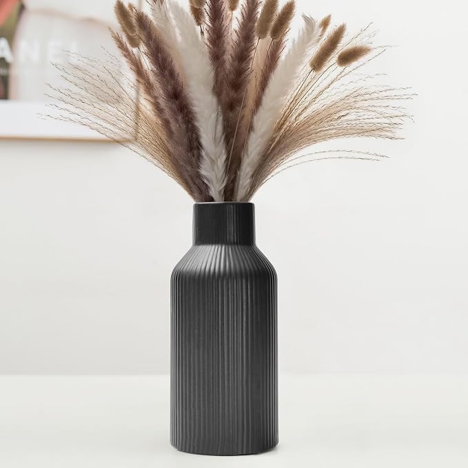 Bohemian Black Ceramic Vase - for Pampas Grass, Mantel, Bookshelf, Entryway and Living Room Decor (Black, 8in)