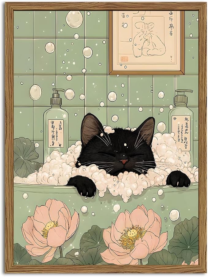 Funny Japanese Black Cat Bathroom Wall Art, Cute Black Cat in Bathtub Wall Decor Picture, Whimsical Japan Animal Bathroom Poster Canvas Prints Painting Artwork 16x24 inch Framed