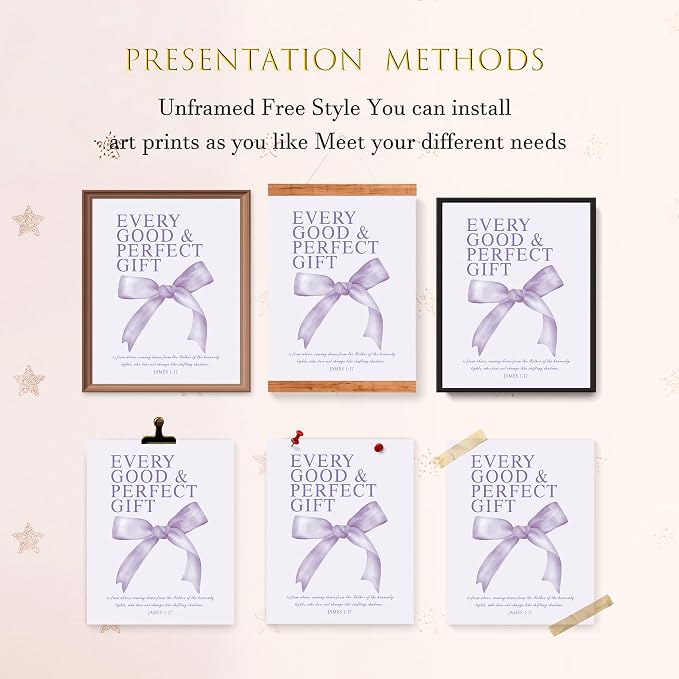 LARTSFRO Coquette Purple Bow Wall Art Decor Posters, Purple Bow Christian Room Bedroom Bathroom Dorm Wall Art Decor for College Teen Girls Kids Gifts, Inspirational Bible Verses Bow Wall Decor, 10x8 Inch Set of 4 Pcs Bow Pictures (UNFRAMED)