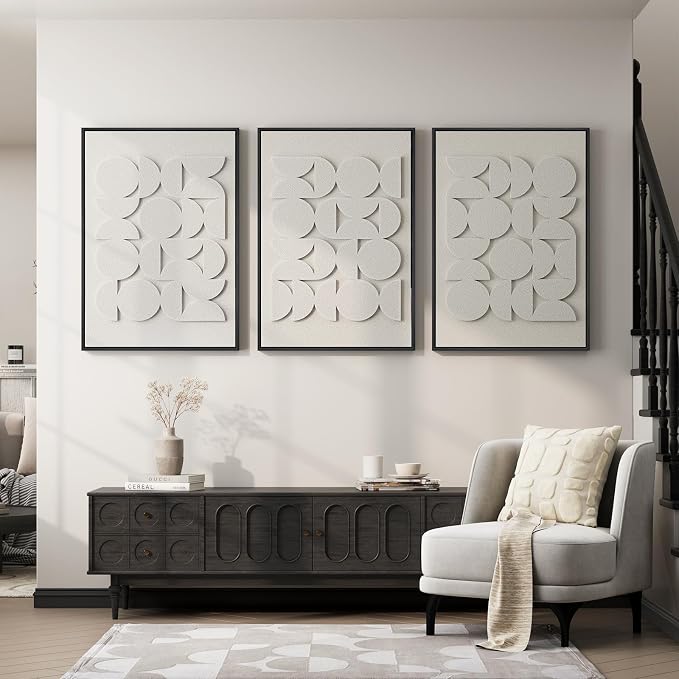 Large 3D Textured Framed Abstract Wall Art for Living Room, Set of 3 Modern White Paintings Artwork for Walls, Minimalist All White Geometric Pictures for Bedroom Hallway Office Wall Decor 24x36 In