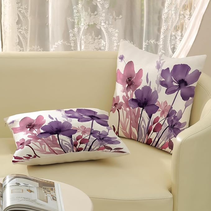 Floral Pillow Covers 18x18 Inches Set of 2 Pink Purple Floral Throw Pillow Covers Outdoor Rustic Spring Summer Flower Decoration Pillowcase Farmhouse Decorative Cushion Cover for Home Couch