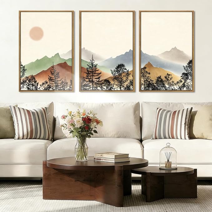 BINCUE Large Boho Mountain Wall Art Framed Wall Decor Watercolor Landscape Art Print Set of 3 for Living Room Bedroom Office 36x24 Inches