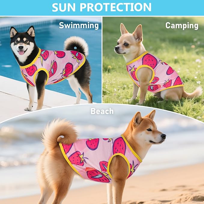 KYEESE 2Pack Dog Shirt, Lightweight Sun Protection Dog T Shirts for Small Medium Dogs Girl, Breathable Mesh Tank Top Sleeveless Pet Reflective Vest, Soft Summer Dogs Clothes, Strawberry+Rose Red, XL