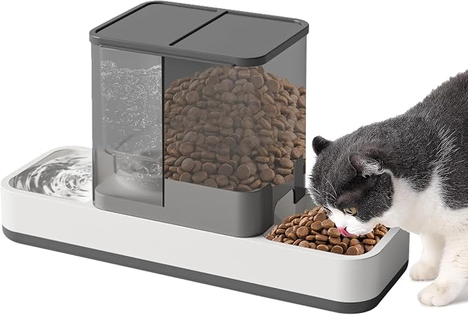 Yummy Sam Automatic Small Pet Feeder and Water Dispenser, Grey | 2 in 1 Gravity Cat Auto 1.5L Pet Feeder and 1L Waterer Set, Feeder Dish for Small Medium Pets Dog Puppy Kitten
