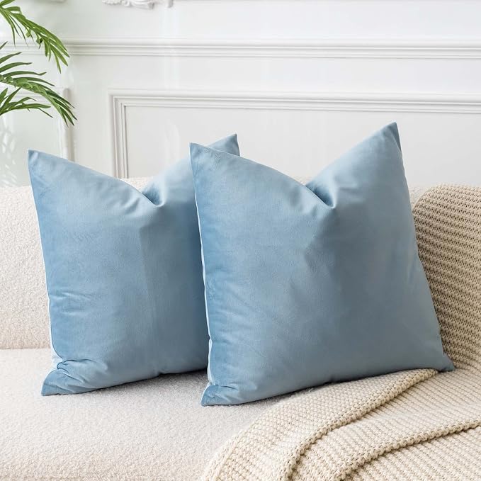 Light Blue Velvet Throw Pillow Covers 18x18 Set of 2 for Couch Bed Sofa | Decorative Soft Cushion Covers with Invisible Zipper for Modern Living Room Bedroom Home Decor