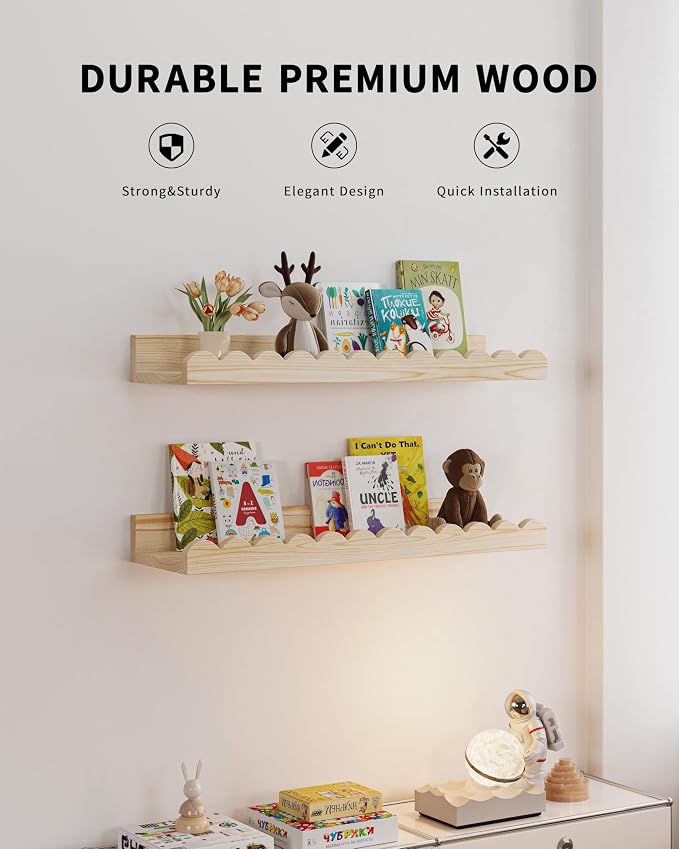 Shario Nursery Book Shelves, 4-Pack Wood Floating Shelves for Wall Kids, Scalloped Shelves, Wall Book Shelves for Bedroom Kids, Toddler Room, Baby Room, Nursery Decor(Wood, 16.5 Inches)