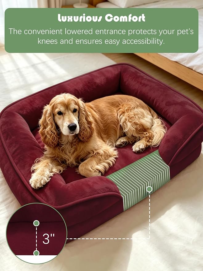Spotted Play Orthopedic Dog Bed with Sides - Sofa Beds for Large Dogs, Supportive Foam Pet Couch Bed with Washable Removable Cover, Waterproof Lining and Non-Slip Bottom, Burgundy - L