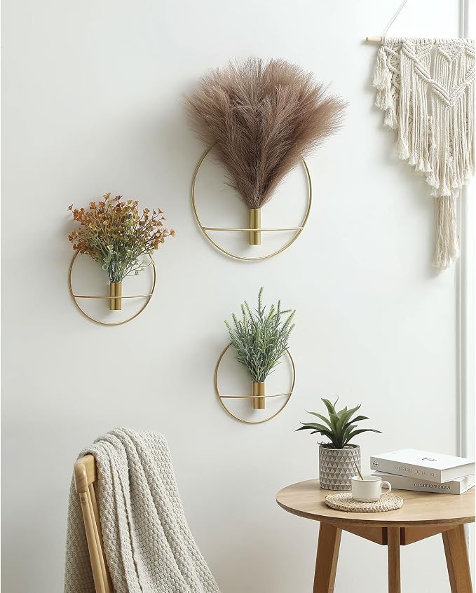 Pretty Jolly Boho Pampas Wall Decor Gold Metal Wall-Mounted Art | Morden Artificial Greenery Display，2 Pack Coffee Hanging Planter For Living Room, Bedroom, Bathroom, Dining room