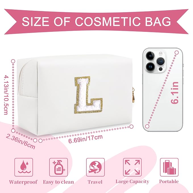 Small Personalized Initial A-Z Preppy Patch Makeup Bag,White PU Chenille Letter Travel Cosmetic Pouch with Zipper,Cute Toiletry Bag,Gift Ideal for Teen Girls Women Teacher Bridesmaid,Letter L