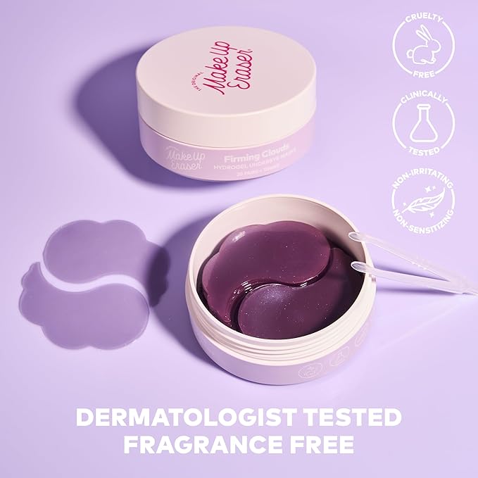 The Original MakeUp Eraser Firming Clouds Hydrogel Undereye Masks - Visibly Firms with Niacinamide, Collagen & Black Currant - Non-irritating and Fragrance Free- 20 Pairs - Tongs Included