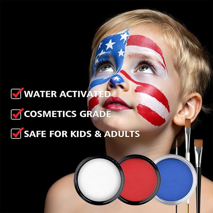 Water-Based Red White Blue Patriotic Face Body Paint Kit with Brushes for 4th of July Independence Day, Halloween Cosplay and Sports Events