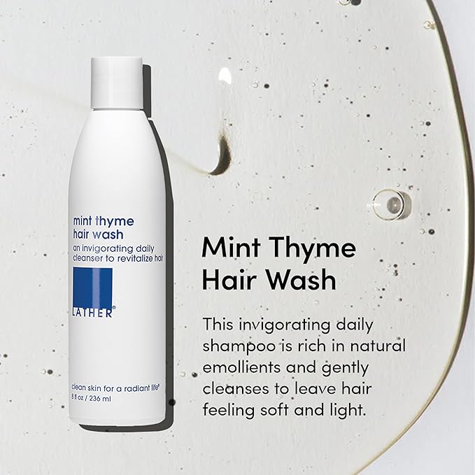 LATHER - Mint Thyme Hair Wash, 8 fl oz - Daily Shampoo & Cleanser - Revitalize Hair - Aloe, Chamomile, Cucumber - Sensitive Skin Safe - Hotel Approved - Vegan & Cruelty Free - Beauty & Hair Care
