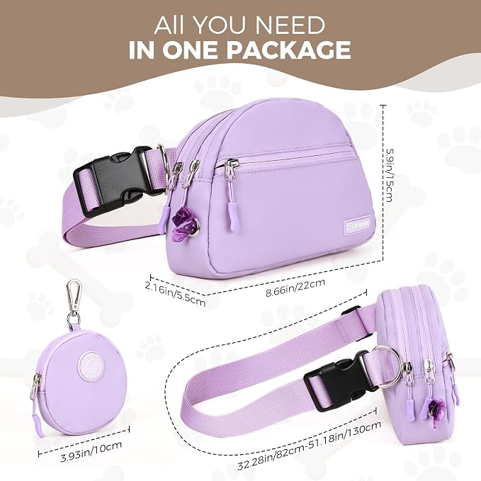 Dog Treat Pouch Pet Training Walking Fanny Pack with Built-in Poop Bag Dispenser & Waste Bag Holder | Stylish Puppy Training Essentials Supplies | Free Dog Clicker (Lavender)