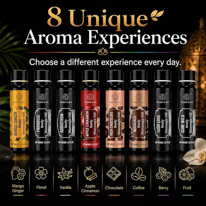 XOXO - 8 Piece Flavoured Body Massage Oils Set - Natural Pleasant Aroma for Men & Women - Quality Assurance, Nourishing & Moisturizing - 240ML/8.11 FL Oz - By Dude’s Love