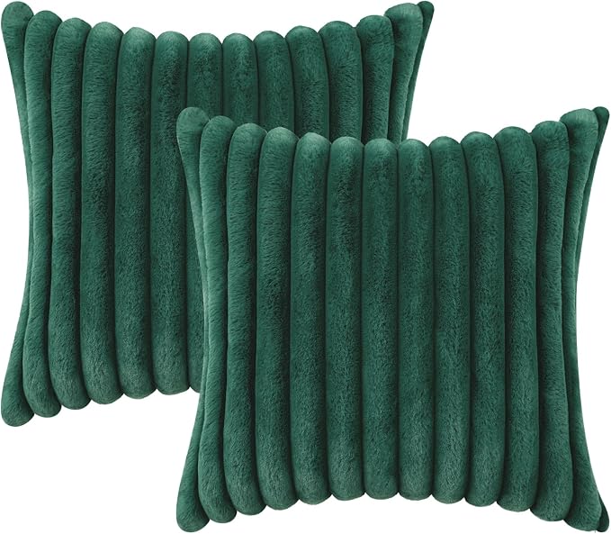 decorUhome Fall Faux Fur Throw Pillow Covers 26x26 Set of 2 Christmas Green | Decorative Soft Cozy Striped Plush Modern Farmhouse Boho Couch Pillow Cases Velvet Back for Sofa Bed Living Room Home Decor