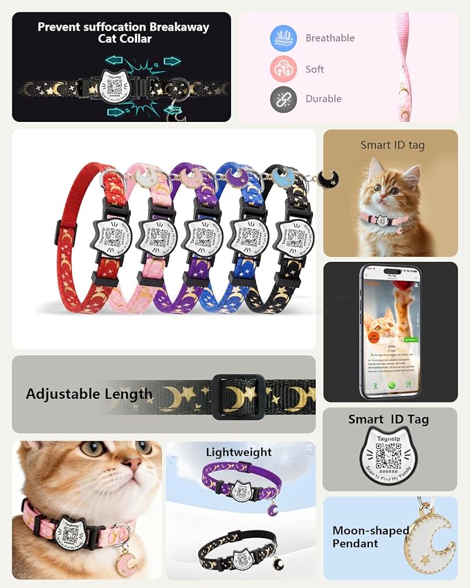 Star and Moon QR Code Cat Collar - Breakaway Safety Reflective Collar with Custom Engraved Tag, Adjustable Personalized Kitten Collar for Pet Tracking & Contact Info, Includes & Secure Buckle(Pink)