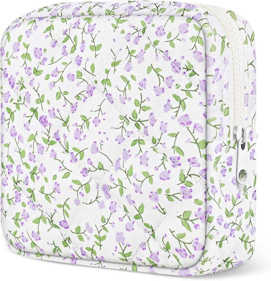 Likesing Quilted Period Bag, Period Pouches for Teen Girls Womens, Portable Floral Print Sanitary Napkin Storage Bag Feminine Emergency Tampon Pad Pouch(Purple Floral)